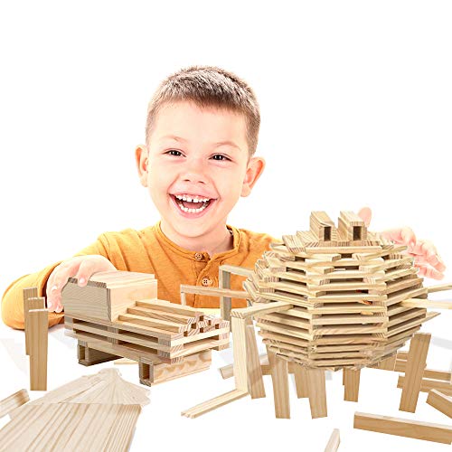 3 Bees & Me Wooden Building Toys - Stem Toys For Boys And Girls - 100 Wood Plank Pieces #TOP2