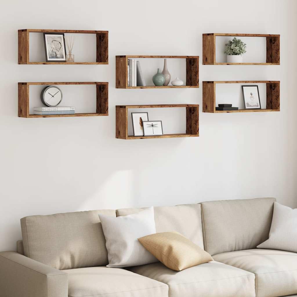 Scaffalature, mensole da parete e sporgenze, mensole cubiche da parete, 6 pezzi, in legno antico, 60 x 15 x 23 cm, in legno ingegnerizzato