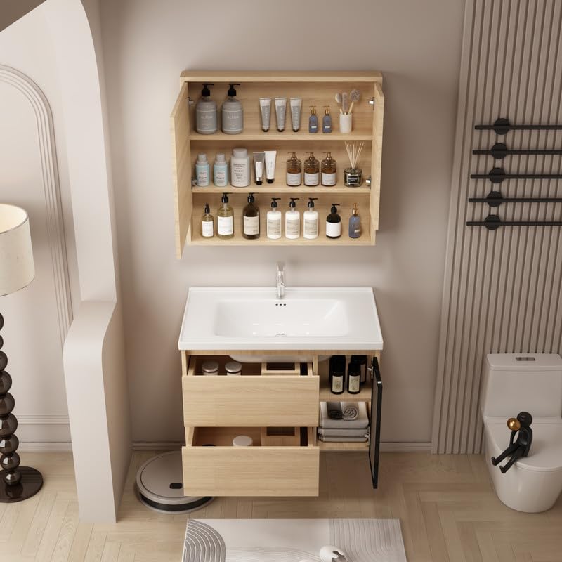 Miniatura 7 de Tocador de baño de 32 pulgadas montado en la pared, tocador de baño con fregadero de cerámica, tocador de baño moderno con 2 cajones de cierre