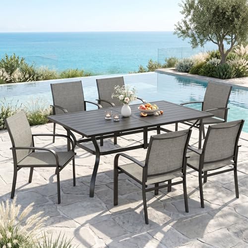 Image of MIXPATIO Patio Table and Chairs Set, Patio Dining Set for 6 with Brown Chairs and Metal Rectangular Table for Deck Backyard Lawn Poolside