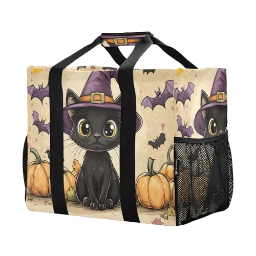 YETTASBIN Cute Black Cat Large Foldable Travel Tote Bag, Lightweight Waterproof Swim Pool Bag with Handles & Pocket for Beach Outdoor, Reusable Grocery Bag for Kitchen, Shopping