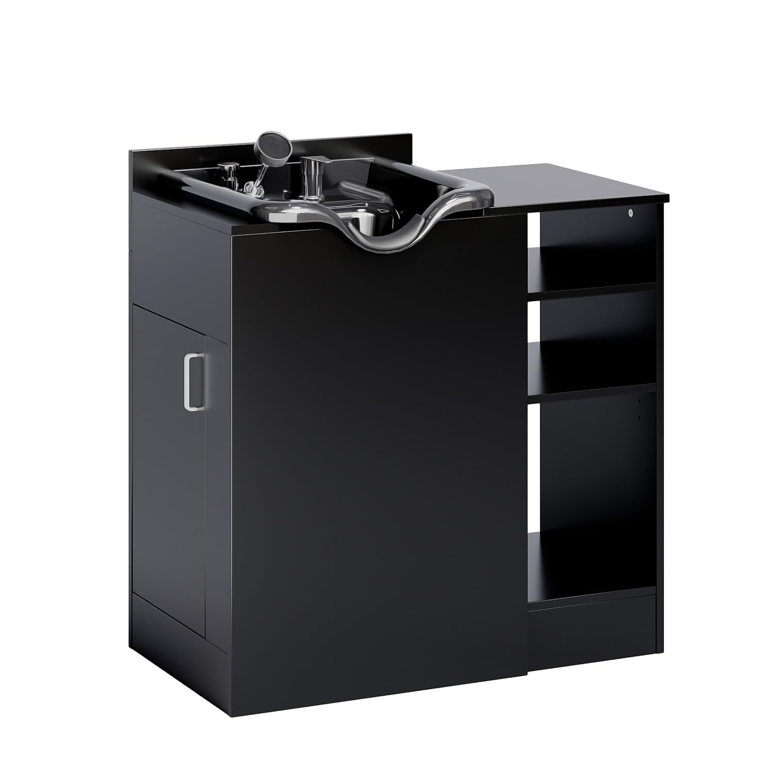 OmySalon Shampoo Bowl with Cabinet, Portable Salon Hair Washing Station with Adjustable Shelf, UPC Certified Faucet, Freestanding Backwash Sink for