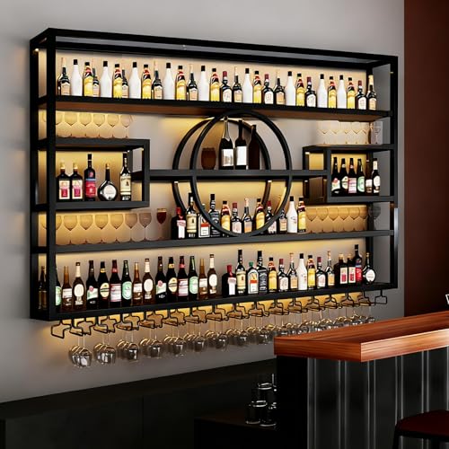55in Wine Rack Wall Mounted, Large Capacity Hanging Wine Bottles Display Shelf with Glasses Holder...