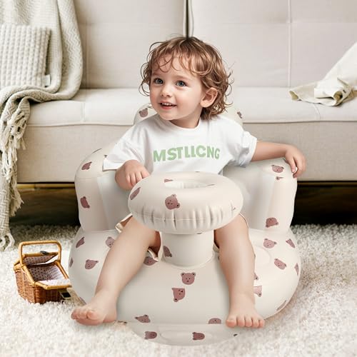 Image of Jikasho Inflatable Baby Seat for 3-36 Months Blow Up Floor Seat | Back Support Built-in Air Pump Learning to Sit 21x20 IN