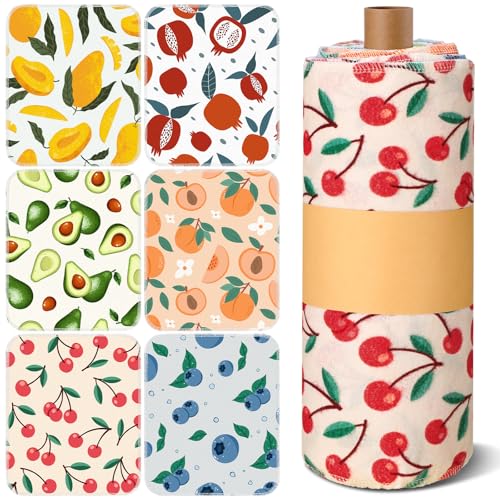 Image of Redbaker 30 Pcs Reusable Paper Towels Rolls Towels Bulk Kitchen Washable Paperless Cloth Cotton Hand Napkins with Cardboard Reusable Napkins for Kitchen Bathroom (Fruit Design)