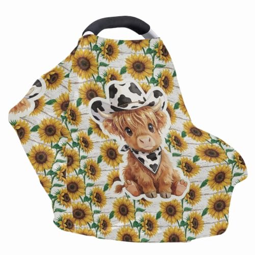 Image of Wanyint Infant Car Seat Cover Stretchy Nursing Scarf Car Seat Canopy Shopping Cart High Chair Cover Protect Babies Breastfeeding Mothers, Highland Cow Cowboy Sunflower