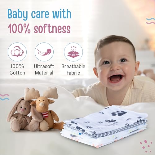 Image of LuvLap Muslin Cotton Cloth Premium Baby Washcloth for New Born, Washable (22 cm x 22 cm) Reusable, Absorbent, Extra Soft Face Towels /Washcloth for Babies, Stars, Balloons Print, Pack of 6, Multicolour