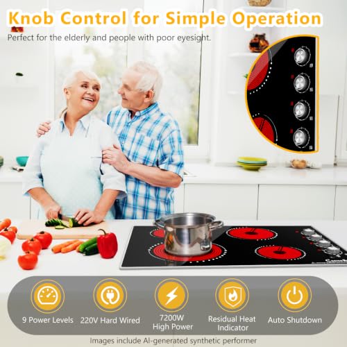 Image of 30 Inch Electric Cooktop, 4 Burner, 7200W Knob Control | Built-in radiant cooktop with ceramic glass, 4 zones and flat-bottom cookware use; 220-240V hardwired