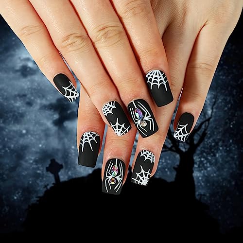Halloween Press on Nails Medium False Nails with White Spider Web...