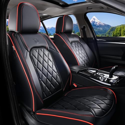 Image of Coverado Seat Covers, Car Seat Cover Front Seats, 2-Pack Luxury Faux Leather Car Seat Covers, Waterproof Car Seat Protector, Black Seat Cover Front Seat Cover Universal Fit for Most Cars, Black&Red