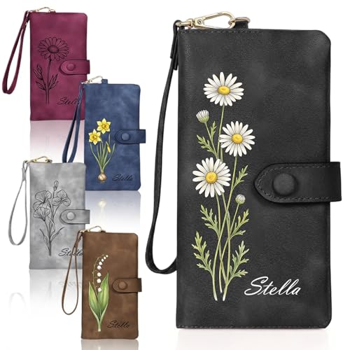 Image of Custom Wallet for Women Personalized Birth Flower & Name Purse Soft Leather Bifold Clutch with Strap Customized Gift for Mom Girlfriend