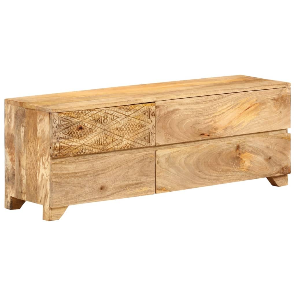Klasyczna szafka pod telewizor z litego drewna mango, 110 x 30 x 40 cm, z 4 szufladami i precyzyjnie rzeźbionym wzorem, idealna do telewizora, wieży stereo i dekoracji, zmontowana