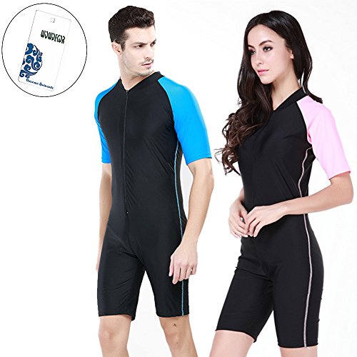 WOWDECOR Surfing Swimming Swimsuits for Women Men One Piece Short Sleeve Sun Protection Rash Guard Suit Blue Pink (Men - Image 3