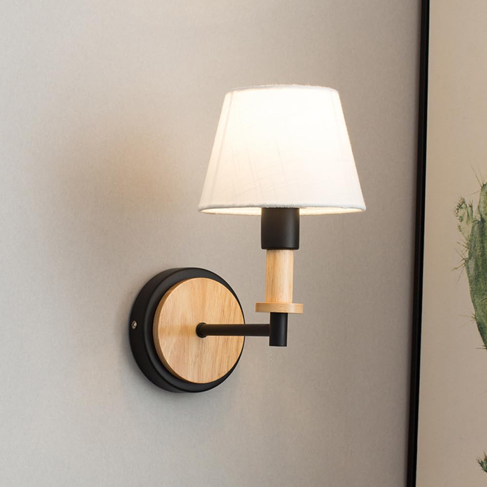 Lámpara de Pared nórdica de Madera, Aplique de Interior de Mediados de Siglo con Pantalla de Tela de Lino, lámpara de Lectura de mesita de Noche cilíndrica E14, luminaria decorativ