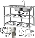 Utility Sink, 2 Compartment Stainless Steel Commercial Kitchen Prep & Utility Sink with Drainboard -