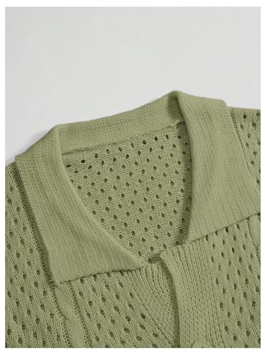 WDIRARA Men's Crochet Button Down Cardigan Sweaters Collared Short Sleeve Knitwear3