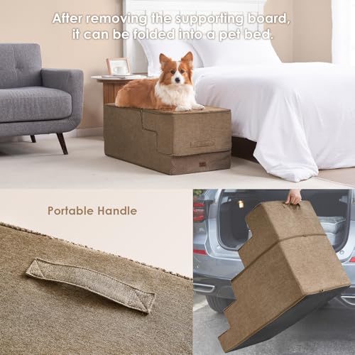 Image of EHEYCIGA Dog Stairs for High Bed 25 inch H, 5-Step Extra Wide Dog Steps for Bed, Pet Steps for Small Dogs and Cats, Non-Slip Balanced Pet Ramp Indoor, Camel