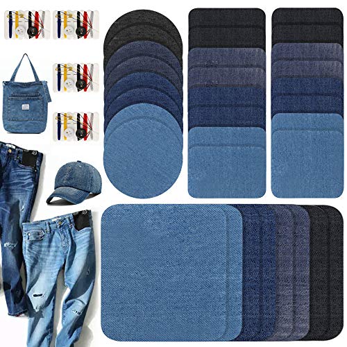 LZYMSZ 36pieces Denim Iron On Patches Set, 32pcs No-Sew Shades of Blue Black Assorted Denim Repairs Patches for Knee/Jeans/Clothing & 4pcs Mini Sewing Kit