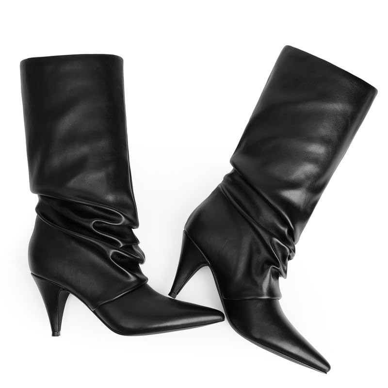 Modatope Slouchy Mid Calf Boots for Women Pointed Toe Chunky Heel Boots Faux Flod Over Slip on Womens Boots4