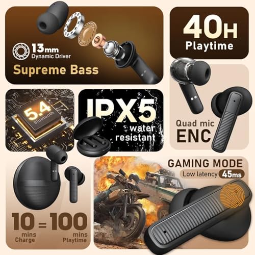 Image of True Wireless Stereo in Ear Earbuds with Environmental Noise Cancellation Quad Mic | Low Latency Gaming | Type-C Fast Charging | IPX5 Waterproof Standard | Bluetooth 5.4 Earbuds TWS [ Black ]