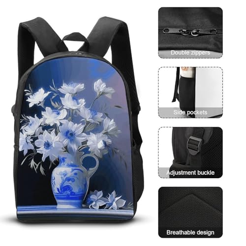 3 Piece Backpack for Women Men Lightweight Causal Daypack Shoulder Bag Set with Insulated Lunch Bag And Pencil Case Organizers A Vase3