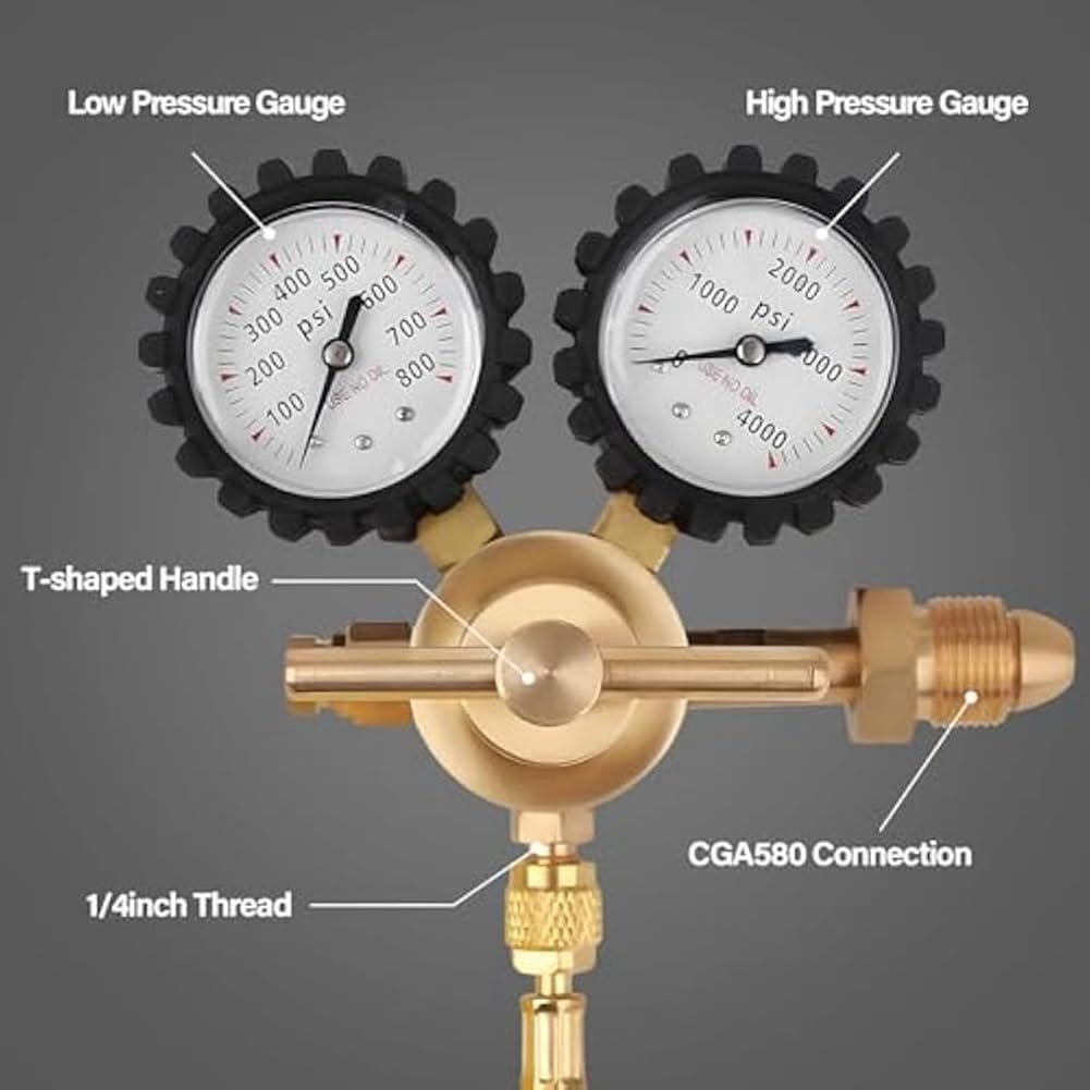 Regulator azotu z ciśnieniem dostawy 0-800 PSI, wąż CGA580 przyłącze wlotowe i męskie przyłącze wylotowe 1/4