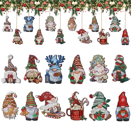 24 Pièces Décoration Sapin de Noël en Bois | Ornements et Pendentifs à Suspendre Style Père Noël & GNOME | pour Arbre et Décoration Intérieure Maison