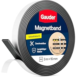 GAUDER Magnetband selbstklebend stark - Magnetstreifen selbstklebend stark - Magnetklebeband zuschneidbar mit optimaler Haftkraft - Klebemagnete mit hoher Magnetkraft - Magnet Klebeband (3 m x 15 mm)