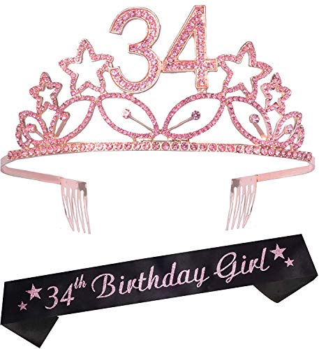 34th Birthday Decorations for Women,34th Birthday Crown,34 Year Old Crown,34 Crown,Birthday 34th,34 Birthday Sash for Women,34 Birthday Tiara,34 Sash and Crown,Decorations for 34th Birthday