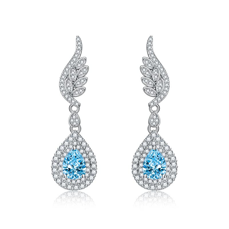 Boucles d'Oreilless Femme, Cuivre Aile avec Larme Cubic Zirconia Bleu Boucles d'Oreilles Pendantes Argent pour Femmes