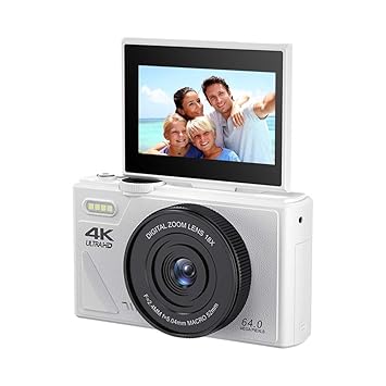 64MP Digital Camera for Photography and Video: 4K Vlogging Camera for YouTube with 3'' Flip Screen and 32GB TF Card, 16X Zoom Digital Camera for Gift (White)