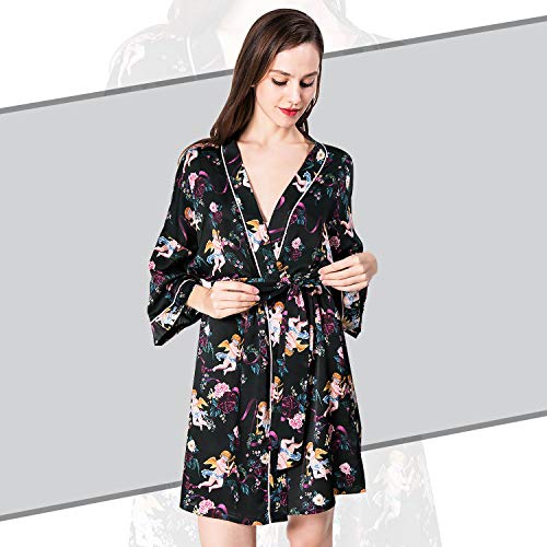 Cold Posh Women's Silk Satin Robe Luxury Bathrobe Ladies Kimono Lightweight Knee Length Summer Comfy Bridal Nightgown Floral Little Angel Print Vintage Sleepwear Loungewear For Wedding Beach,Black,L #TOP3