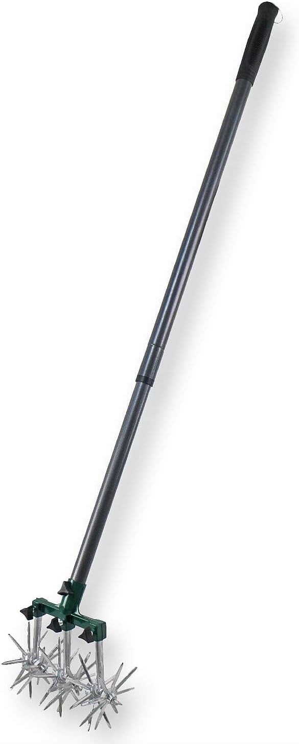 Coopers of Stortford - Long Handled Rotary Cultivator Gardening Rotary Tiller 48 Powerful Offset Blades Reseeding Grass or Soil Mixing L145cm x W20cm