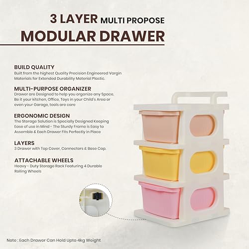 Image of KITCHIVO Heavy Duty Plastic Storage Drawer with Wheels | Modular Cabinet for Bedroom, Office, Home or Classroom| Chest of Drawers Organiser for Cosmetics, Kitchen items, Toys (Multi, 3)