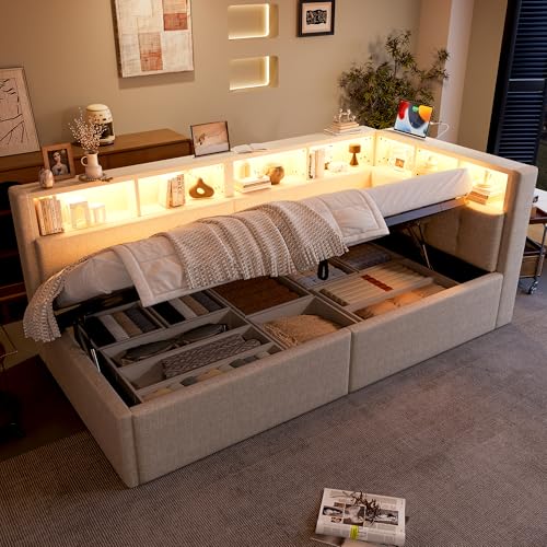 staronce Sofá cama de día 90 x 200 cm con LED y USB – Cama de día con almacenamiento hidráulico y compartimentos de almacenamiento, lino beige, incluye somier de lamas, cama de invitados
