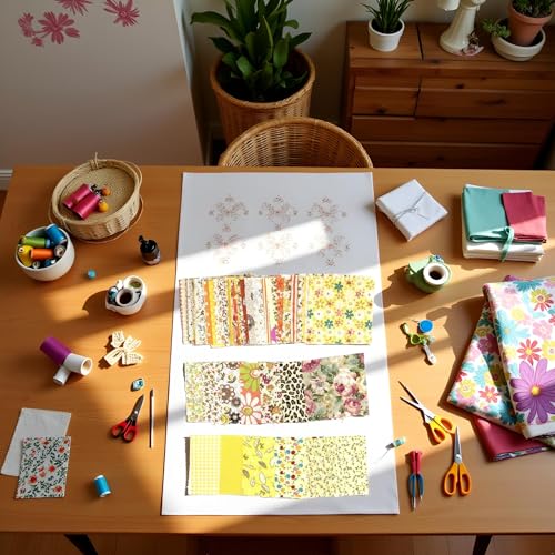 50 Pcs Yellow 4\" x 4\" Cotton Craft Fabric Vintage Cotton Fabric Bundle Printed Floral Patchwork Plain Cloth Floral Precut Fabrics for DIY Sewing Quilting Scrapbooking - Thumbnail 3