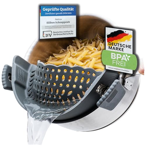 Netrox – Schnappsieb aus Silikon – Nudelsieb Aufsatz zum Einhängen in Topf & Pfanne – BPA-frei, spülmaschinenfestes Küchensieb Sieb – Abtropfsieb als Abgießhilfe für Töpfe Topfsieb