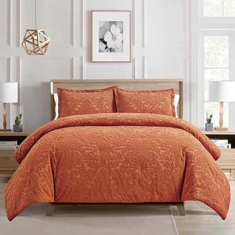 Sunshine Nicole Velvet Jacquard Comforter Set, Velvet Jacquard Face and Brushed Solid Microfiber Reverse, with Light Weight Soft Poly Fill, 3 Pieces Terracotta, Queen Cover
