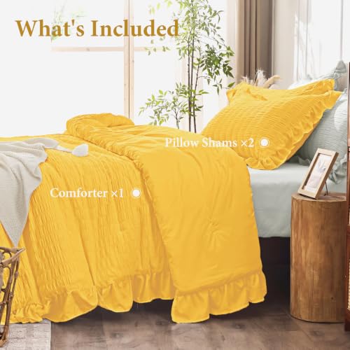 Image of JOLLYVOGUE Pumpkin Yellow Queen Comforter Set,3pcs Seersucker Bed Set | OEKO-TEX Certified, All Season, Down Alternative Fill, Lightweight Bedding Set with Ruffle Comforter & Pillowshams, Easy Care