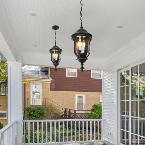 Image of Large Outdoor Pendant Light, 19'' Black Hanging Lantern Porch Light
