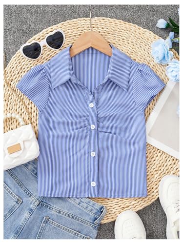 Girl's Striped Button Up Shirts Dressy Ruched Cap Sleeve Collared Blouses2