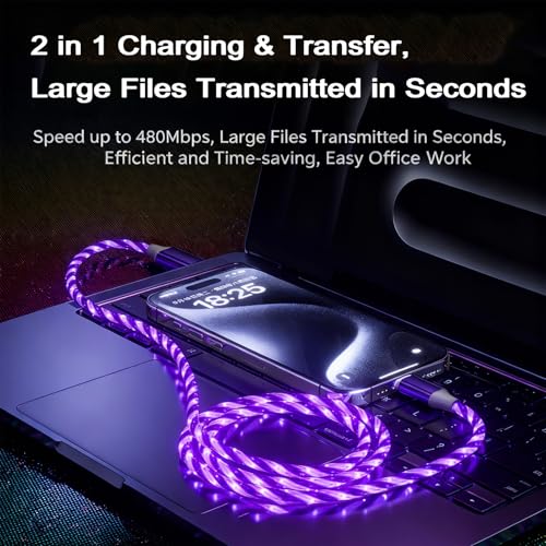 Image of AYI USB C to A Charging Cable 3.3ft, LED Glowing Starry Sky Light-Up Cord, PVC Tangle-Free Fast Charging Cable with Smart Chip, Data Transfer Sync Cord for USB-C Devices, Purple.