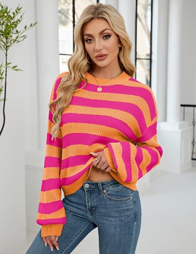 Image of Libsorge Womens Oversized Lightweight Cute Striped Cropped Sweater Spring 2025 Knitted Crew Neck Thin Crop Pullover Tops
