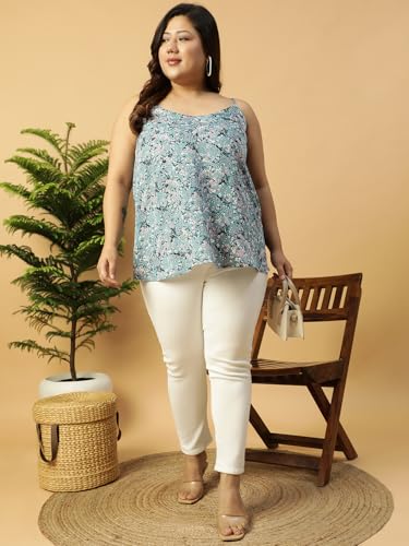 Image of Women Plus Size Navy Blue Floral Print Shoulder Strap A-line Top & Tunic 2XL /3XL /4XL /5XL /6XL /7XL /8XL