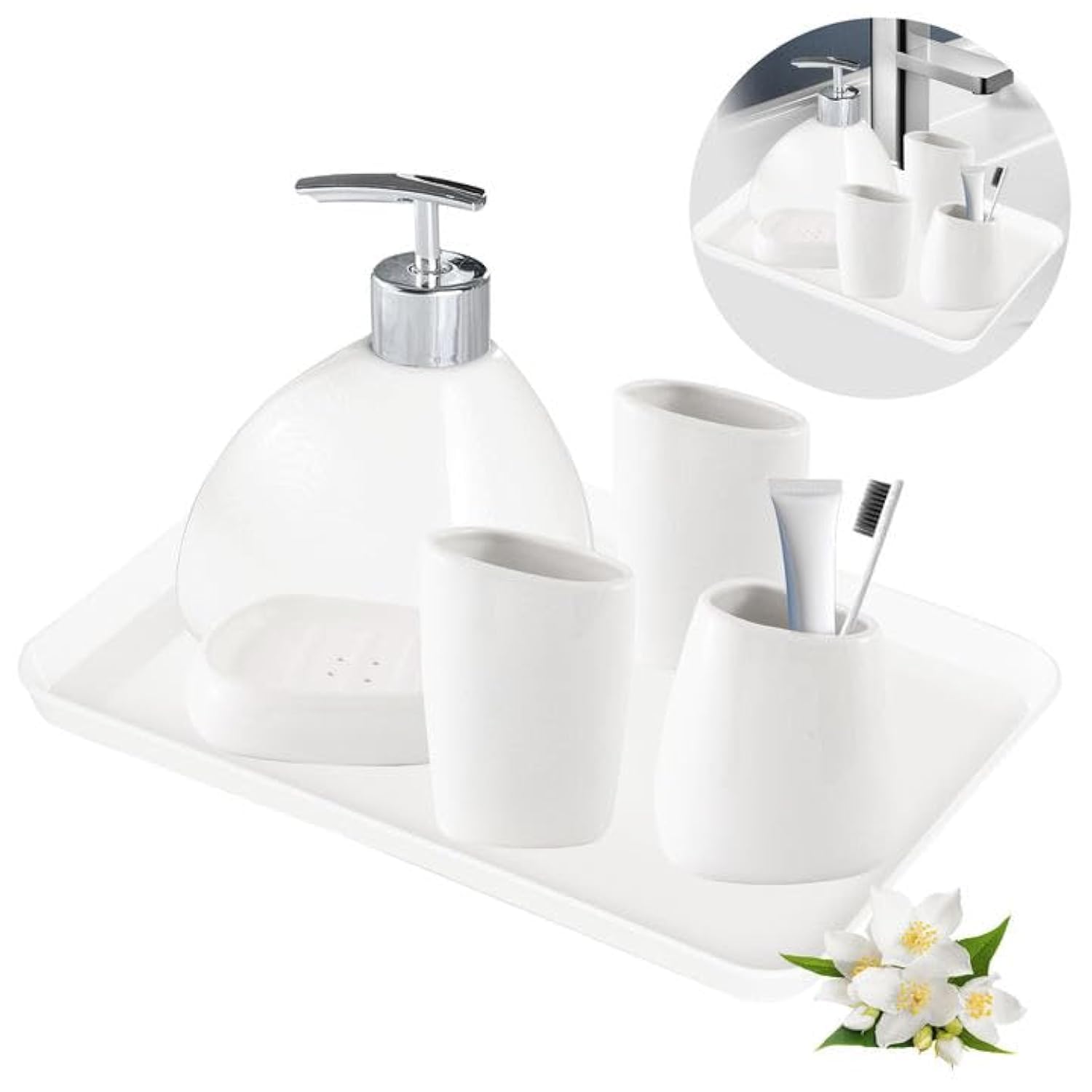 Bathroom Accessories Set, 6Pcs Ceramics Bathroom Set, 2 Mouthwash Cup, Toothbrush Holder, Soap Dish, Soap Dispenser Pump