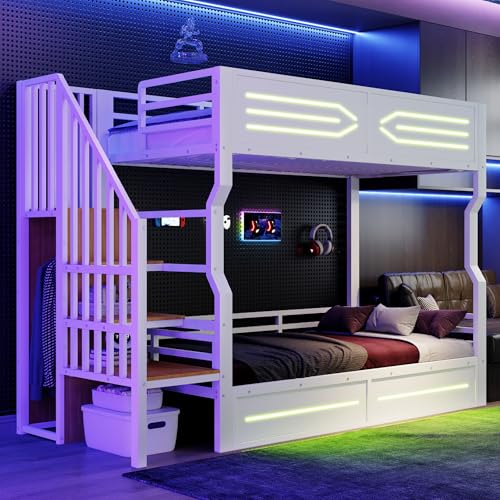 Arhatreya Litera de 90 x 200 cm, cama de hierro con iluminación LED, litera con escalera, cama de metal con espacio de almacenamiento, cama para dormitorio (sin colchón), color blanco
