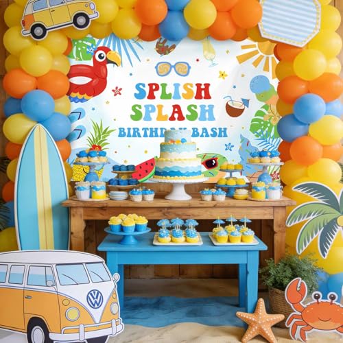 MEHOFOND 7x5ft Splish Splash Birthday Backdrop,Tropical Pool Party Background for Boys Summer Water Splash Birthday Decorations Photo Booth Banner by MEHOFOND - Used condition - Image 5