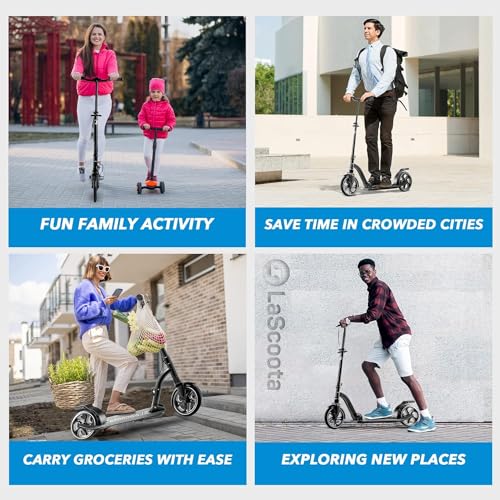 Image of LaScoota Kick Scooter for Kids Ages 6+, Teens & Adults, Large 8 inch Sturdy Urethane Wheels. Adjustable Handlebar, Lightweight, Foldable, 220lbs Max Load
