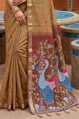 Image of SGF11 Women's Soft Cotton Linen Silk Saree With Unstitched Blouse Piece