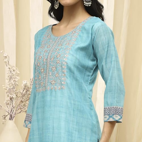 Image of BIBA Women Beige Cotton Machine Embroidered Unstitched Suit Set